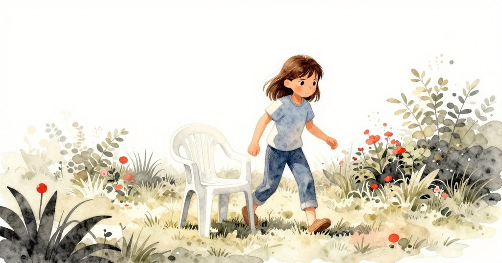 Gwen正走入充滿暖光的花園, 注視著帶有乳白痕跡的塑料椅, 場景充滿期待與溫馨情緒