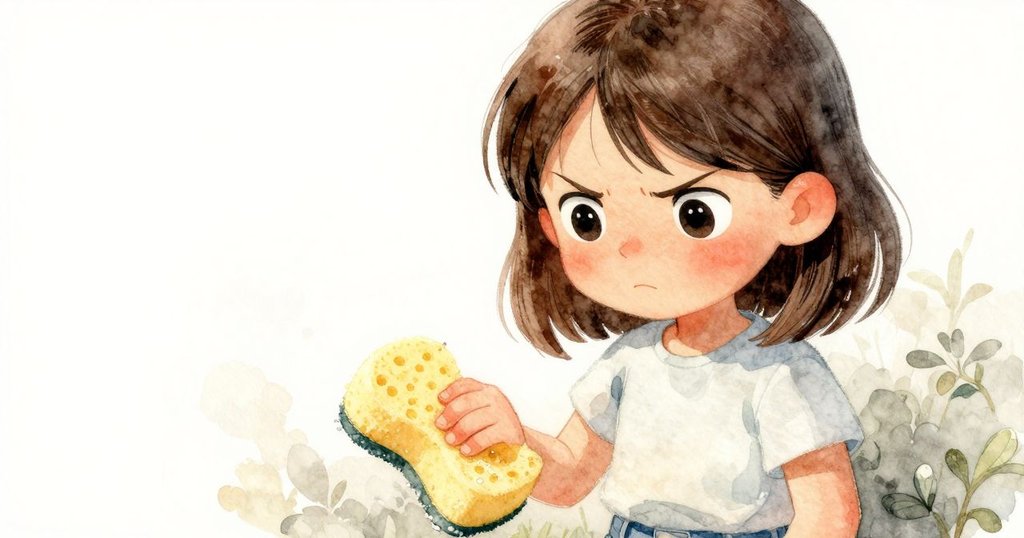 Gwen特寫臉龐展現專注與堅定, 手中握著膨脹海綿準備清洗, 光線柔和溫暖, 心情堅毅