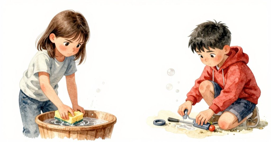 分屏畫面左側Gwen浸泡海綿, 右側Felix整理工具, 泡泡圍繞, 充滿溫暖活力, 展現分工合作的情景