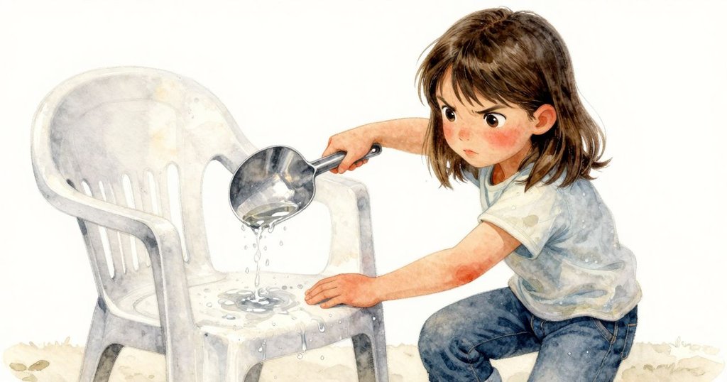 Gwen用金屬匙輕輕澆水, 塑料椅上形成不均水紋, 琥珀色水滴閃爍, 手臂帶有紅痕, 呈現細膩轉變