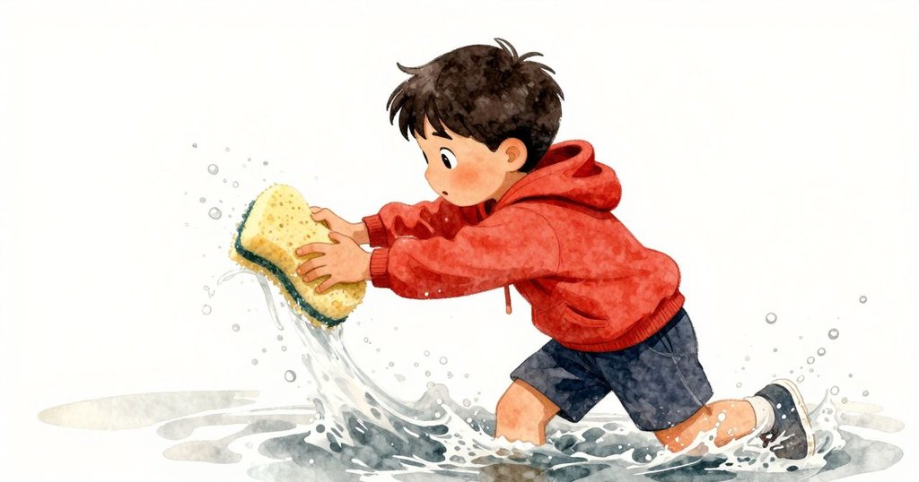 Felix活力追逐溢出的水流, 奔跑中搶回珍貴海綿, 水滴四散飛揚, 現場充滿活力與戲劇性