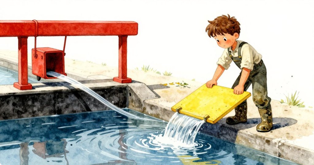 莫里茲在水閘前調整木板，水流映出他的身影，景色溫暖充滿晨光，展現任務開始