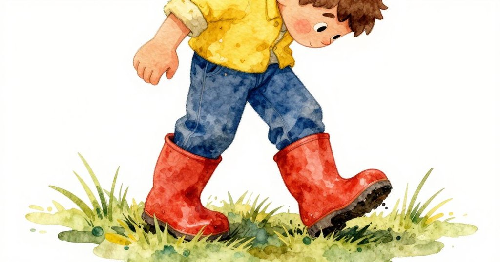 莫里茲穿著泥濘防水靴，踏在濕潤草地上，傳遞出探索行動的堅定步伐