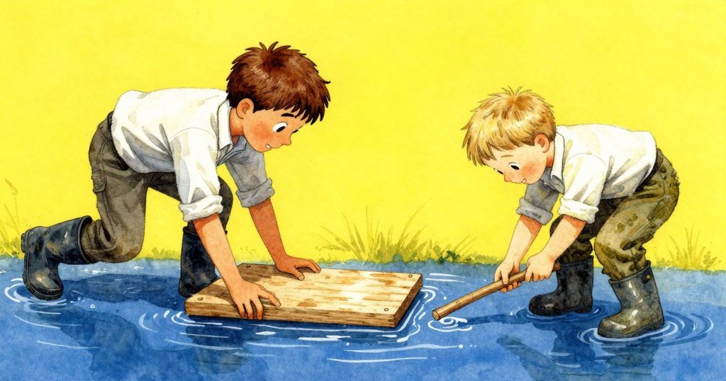 莫里茲輕推木板操作機械，旁邊的兄弟專注操作標記棒，畫面中的水流柔和流淌