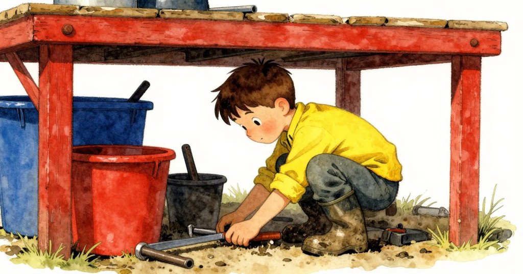 莫里茲彎腰躲避矮橫樑，側身取工具，場景中展現戶外機械作業與智慧行動