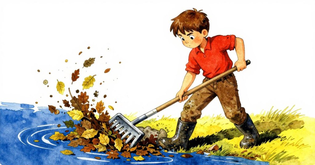 莫里茲用耙子清理水道裡嵌入的落葉碎片，動作利落充滿決心，背景流水旋轉