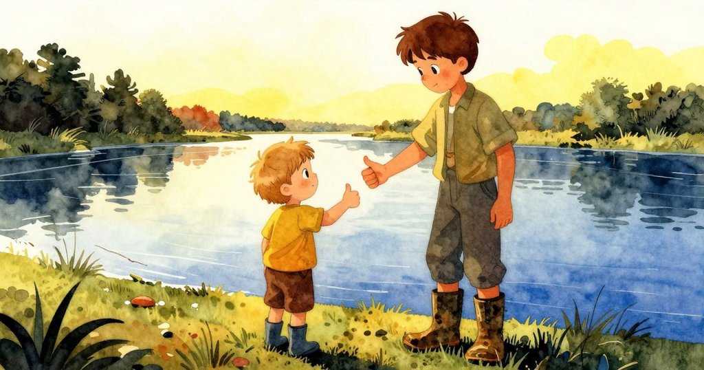 莫里茲與兄弟在靜謐水渠旁比出大拇指，臉上滿懷愉悅與滿足，夕陽溫暖映照著背景