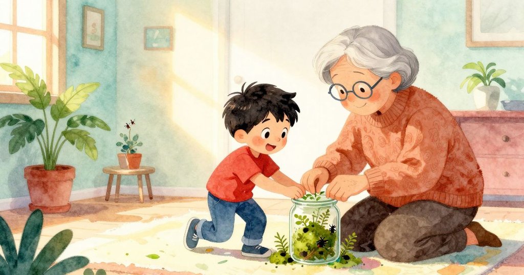 艾梅特正在桌上調整透明瓶內的青苔，旁邊奶奶專心看書，室內充滿溫暖陽光和活潑的小生物