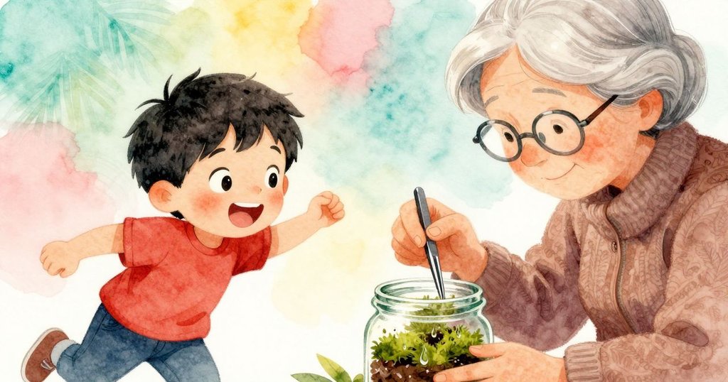 艾梅特用鑷子細心調整瓶中青苔，瓶內土壤與炭黑質地清晰可見，水滴在陽光下閃爍