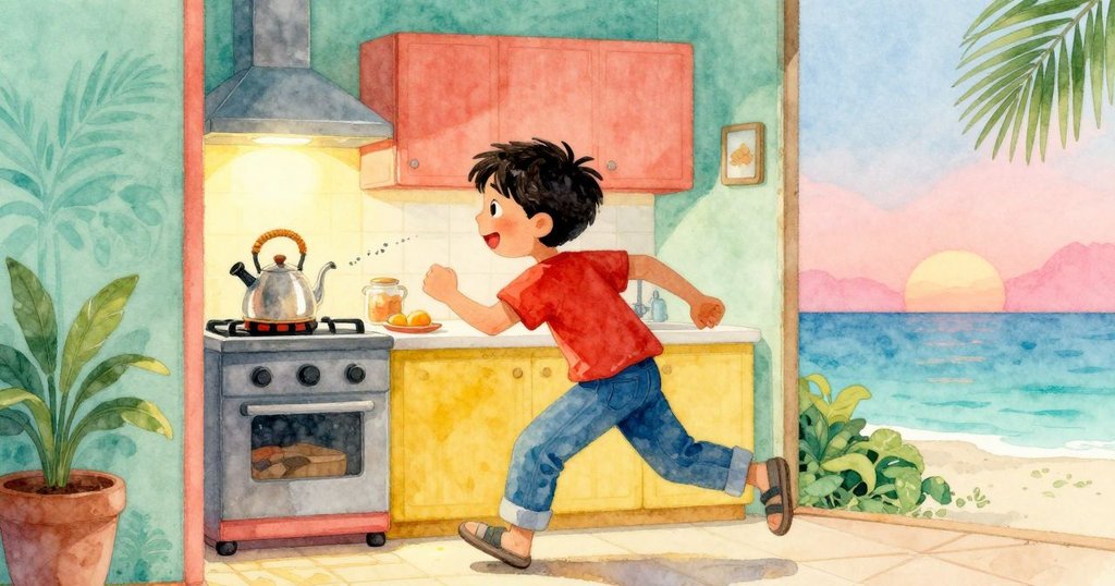 艾梅特匆忙走向廚房，背景中水壺發出哨音，爐火溫暖，表情專注而急促，溫馨家居氛圍