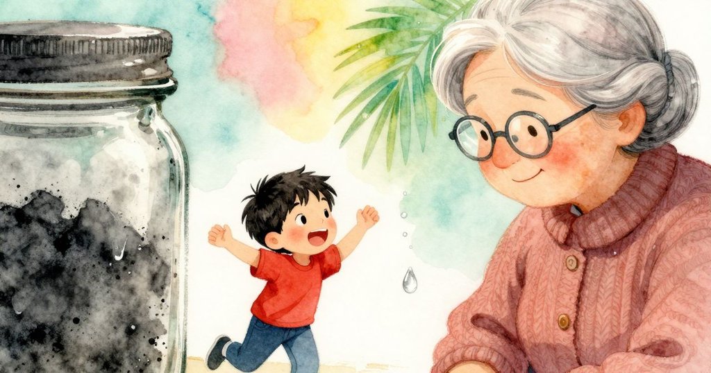 瓶內一滴水珠靜靜地沿著炭黑邊緣滑落，近拍展現凝結細節，充滿詩意與寧靜氛圍