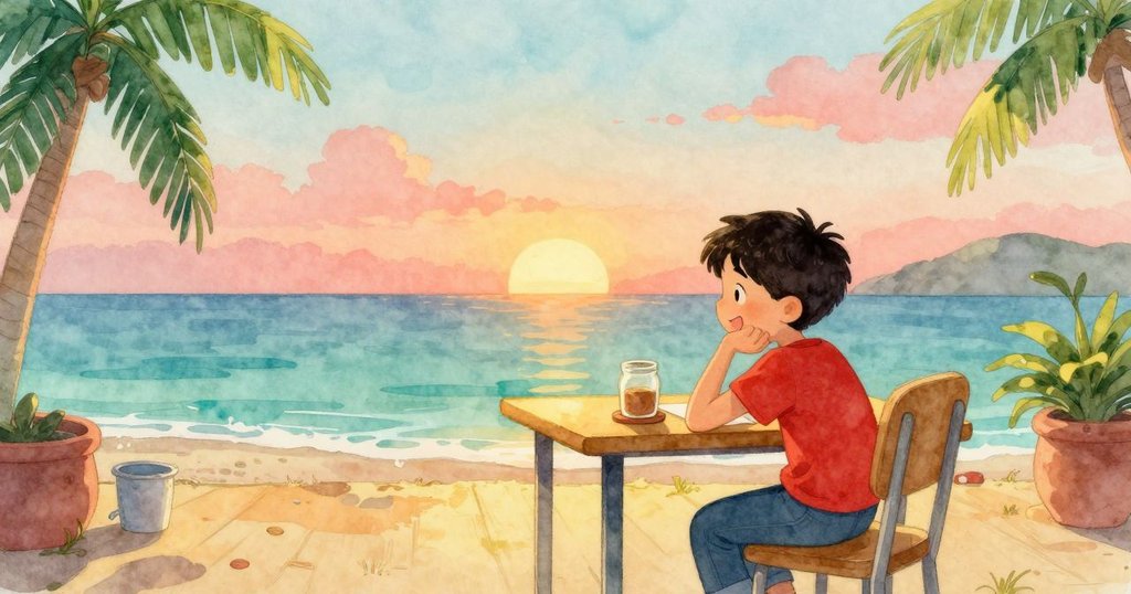 傍晚時分，艾梅特坐在桌旁放鬆回顧一天的工作，玻璃瓶靜置在茶几上，室內散發著柔和金光和寧靜情緒