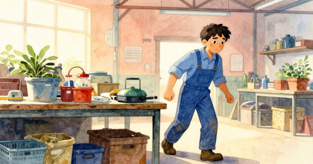 奧斯卡走進工坊,輕柔晨光中走向充滿工具的桌子,表情充滿期待與專注,場景充滿溫暖工業感