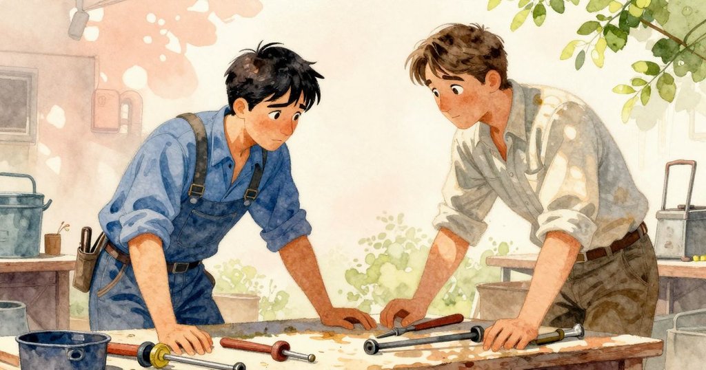 從小生物視角看工坊桌上零散工具,金屬聲與晨光交織,展現出一片充滿動態與細節的工作環境