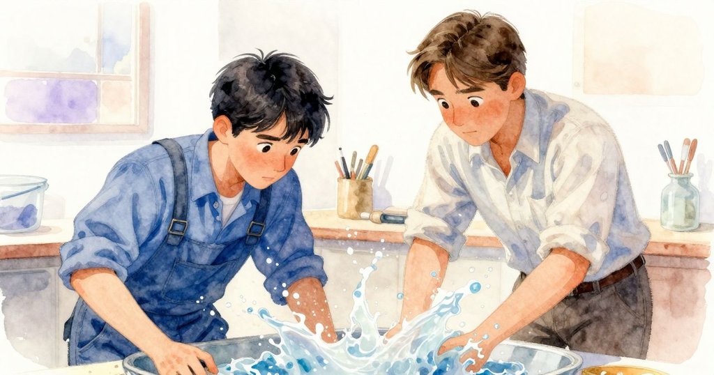 水花濺入桶中濃稠膏狀物,氣泡爆裂融合,細節動感展現出工坊內藝術與科學交織的瞬間