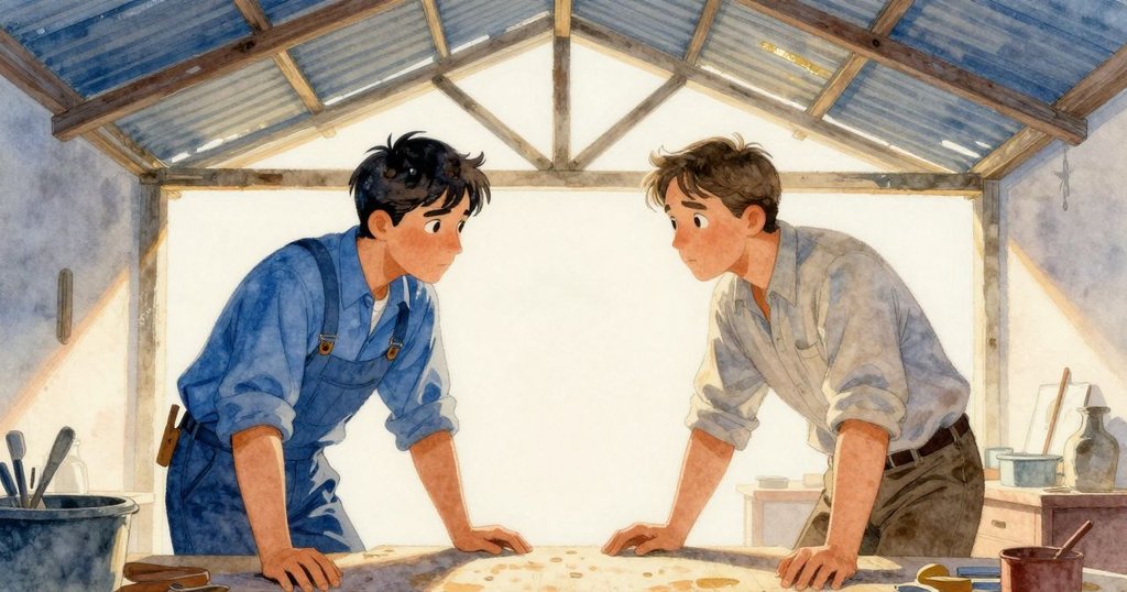 奧斯卡與本在屋頂下並肩而立,手持粉筆與膏桶,藍金分明標記象徵著成功合作與溫暖滿足的結局