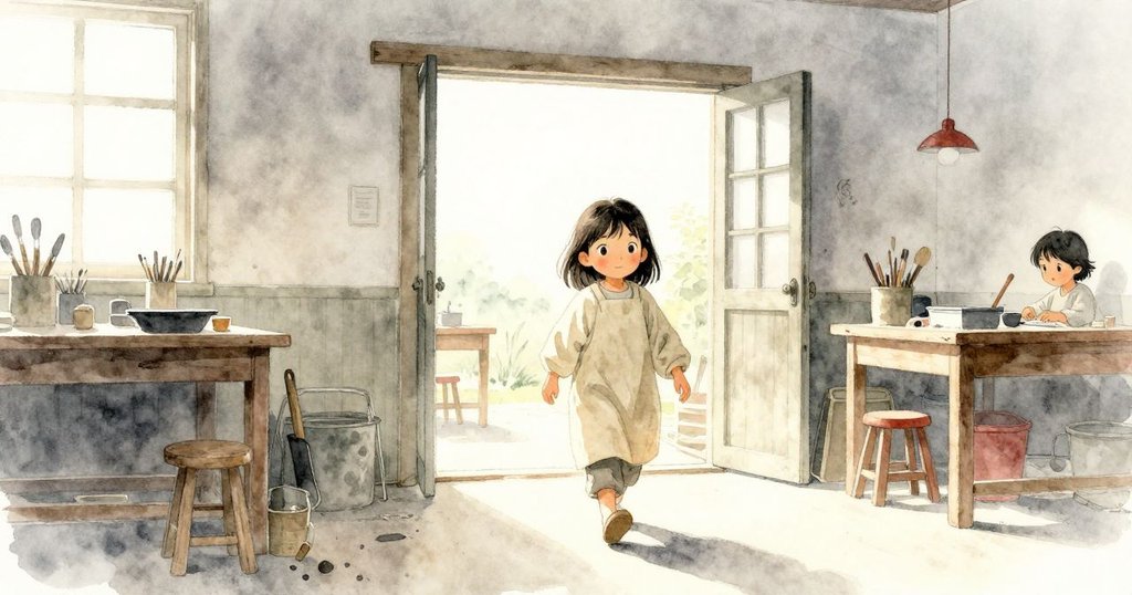 Suki清晨走進工作室,柔和日光照耀木板與工作工具,表情期待,場景明亮溫馨,展開新的一天。