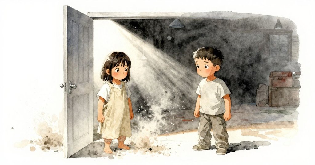 工作室中門敞開,木屑與光束飛揚,室內外景交融,營造出淡淡季節感,畫面清新溫暖。