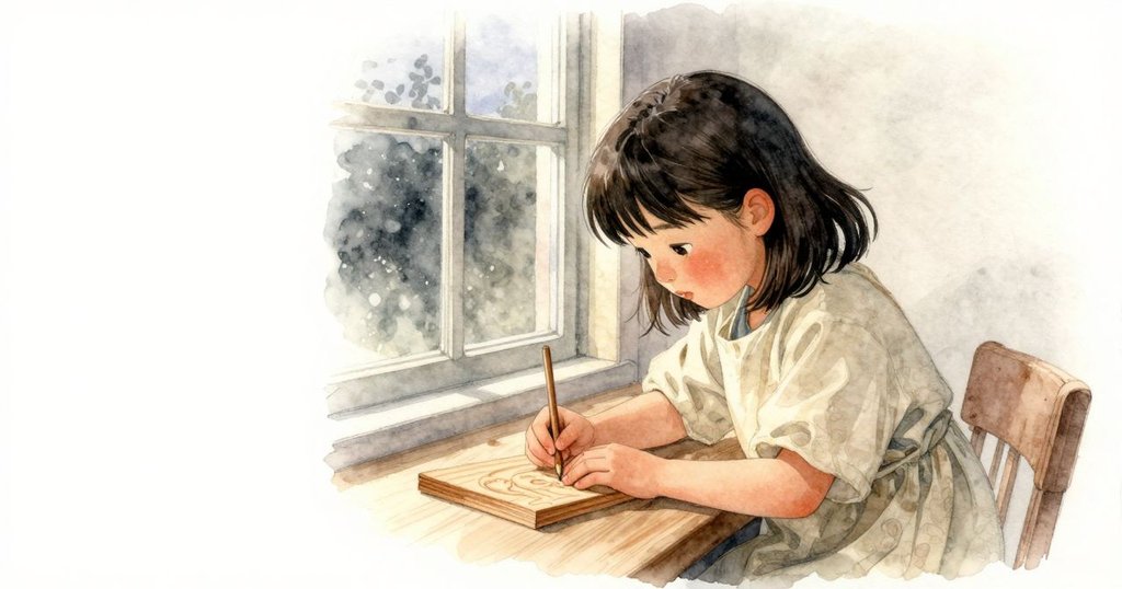 Suki立於窗邊,欣賞完成之木板,暮色柔和灑入室內,神情滿足平靜,結束一天創作旅程。