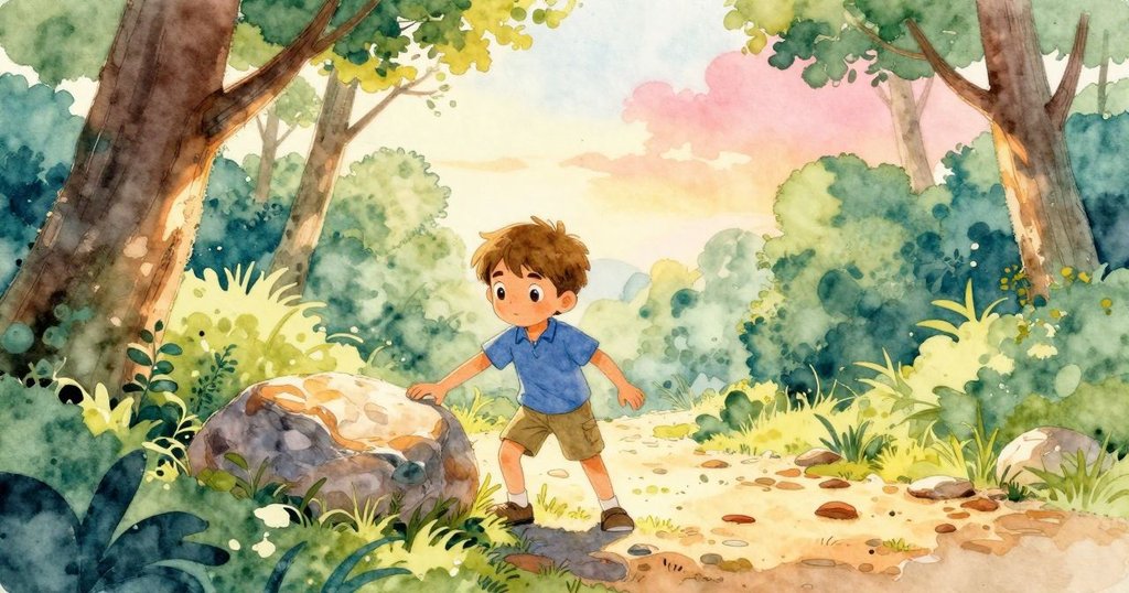 伊德里斯在陽光灑落的林間小徑邊彎腰拾起溫暖石頭，神情專注準備開始探索。