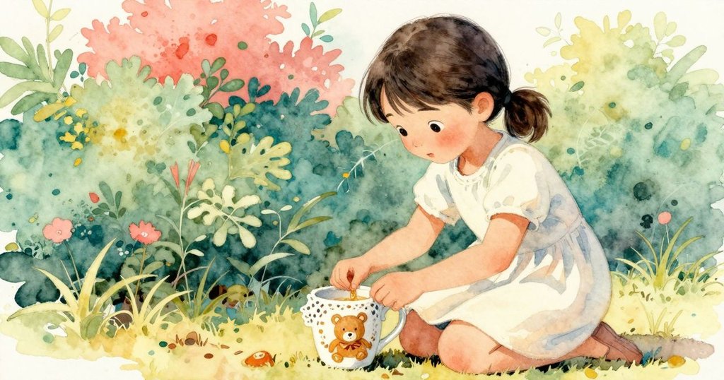 薇薇安跪於樹叢邊細調裙帶並握住陶瓷杯，杯上北極熊圖案在暖光中蒸氣徐升，神情專注。