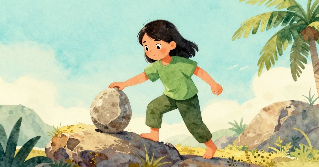 迪娜從巨石旁邁出步伐，手持候選石，衣袖輕拂過綠葉，環境轉換感濃，動作靈動。