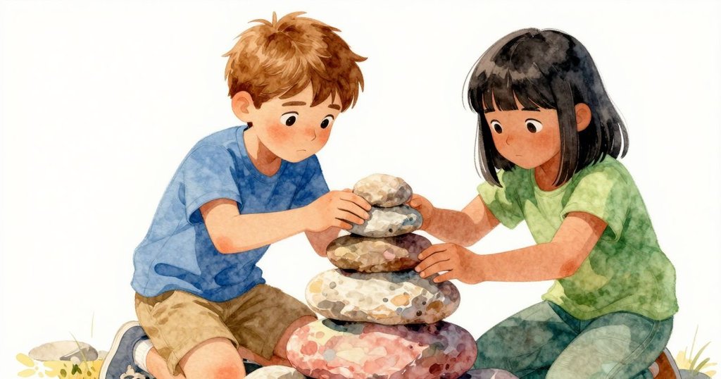 伊德里斯與迪娜近距離協作調整石層，手指輕點微調石塊，雙雙展露出堅毅與默契，背景溫暖。