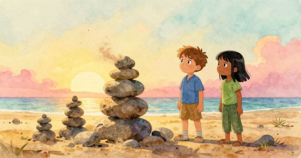 在斜陽餘暉中，孩子們滿足地凝視著穩固的六石石堆，輕塵飛舞表現出成就與喜悅，環境開闊。