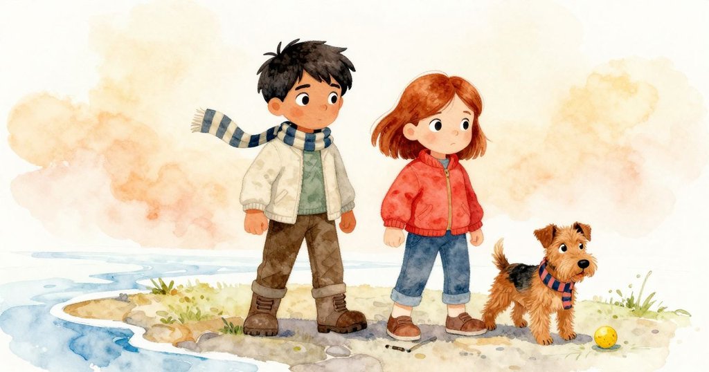 Hector在冰面上畫鞋印，Fern陪伴棕色小狗，石邊放著圍巾、熱水壺與膠球，溫暖戶外場景展現開始。