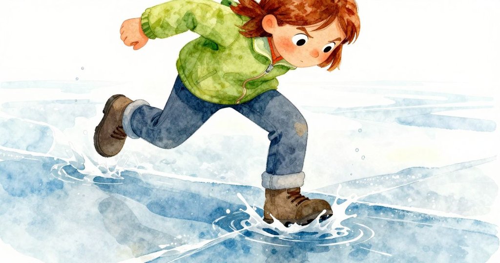 Fern踏出一步，右腳靴子穿破冰邊，濕水滴在石面上，特寫展現驚訝與決心神情。