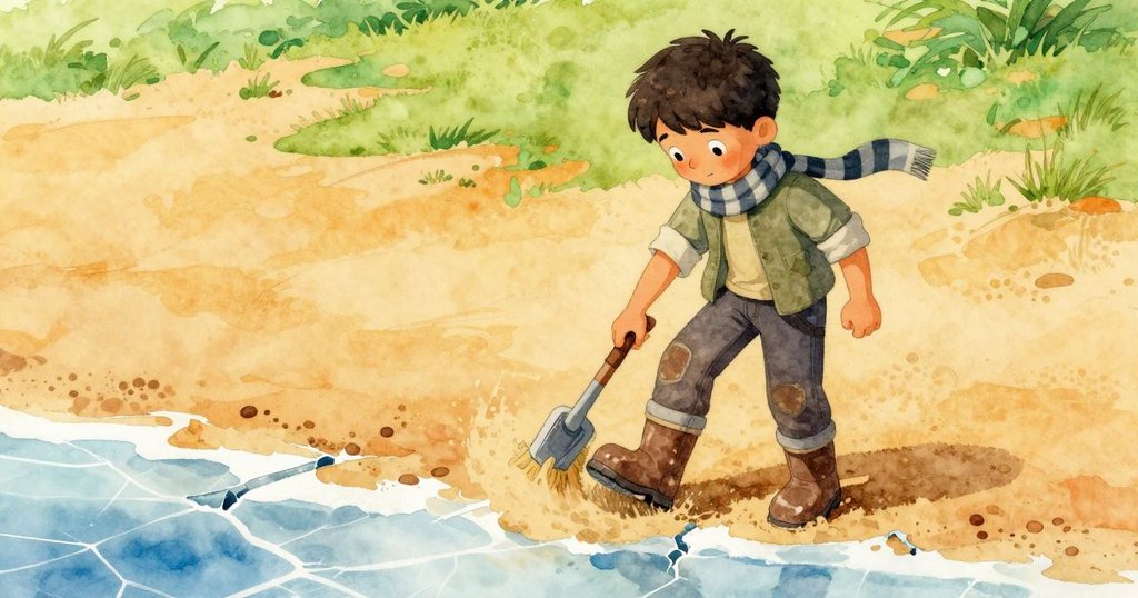 Hector用腳跟輕掃沙子穩固冰邊，背景冬日餘留中新綠點綴，寬幅戶外景色充滿溫暖光線。