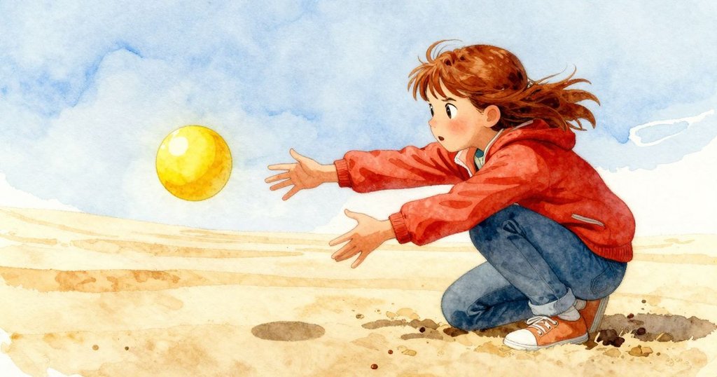 Fern蹲在補沙區放出黃色膠球，專注中流露堅定，低角度呈現動作與溫暖光線，場景邊緣見冰裂。