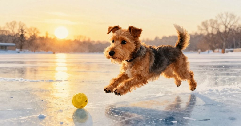 棕色小狗衝向黃色膠球，冰面反射金色夕陽，動感場面展現成功與溫暖結局，故事完滿落幕。
