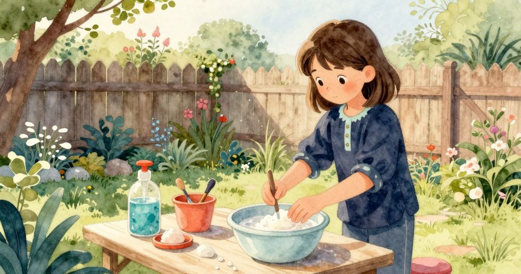 艾薇在花園桌旁準備工具，桌上有肥皂水和衣架圈，陽光溫暖，她神情認真，背景有籬笆與綠草。