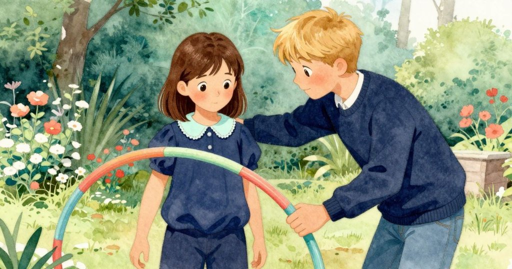 德瑞克從後方看著艾薇操作衣架圈，他手持畫簿，神態溫柔，背景為花園籬笆。