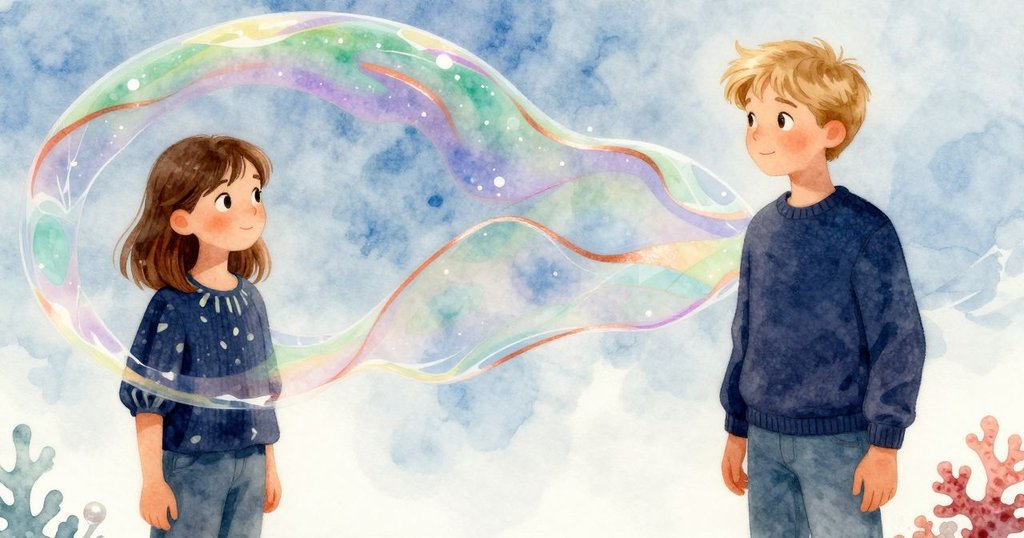 肥皂膜上閃爍著綠、紫、銅色帶的光芒，形成不可能幾何圖形，光線柔和，充滿魔幻感。