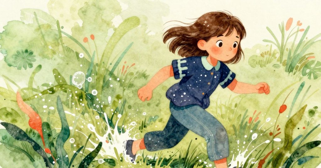 艾薇快步穿越濕潤草地，踏出水滴並使肥皂膜破裂，神情堅定背景有籬笆與露珠。