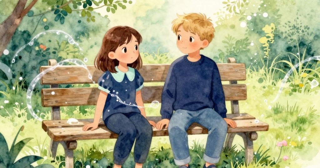 花園中的木製長凳在陽光下閃著皎潔的光，背景中艾薇與德瑞克完美收尾，環境充滿溫暖與靜謐美感。