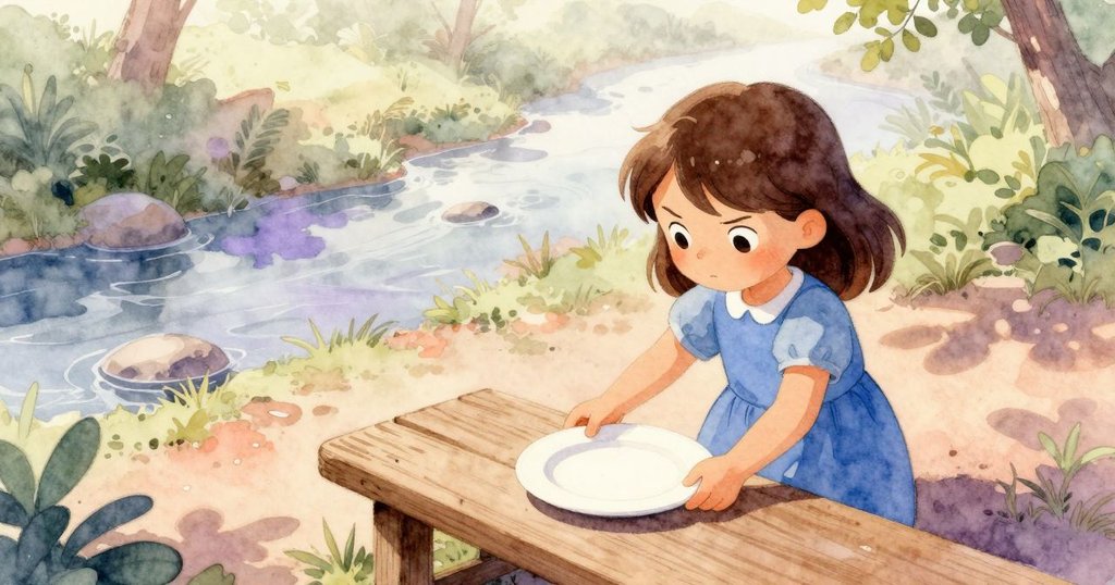 Zara在晨霧中站在木板旁，小溪柔和流動，專注操作白盤，環境充滿晨光與自然氛圍