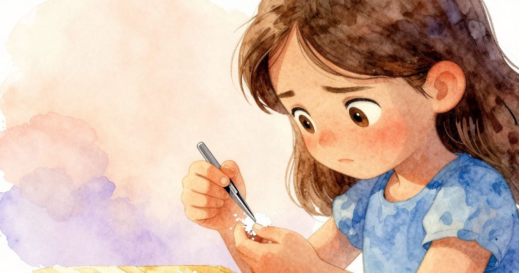 Zara特寫臉部專注使用鑷子，精心處理明亮碎片，盤面細節清晰，情緒專注而堅定