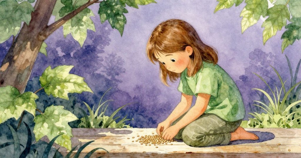 Viola蹲在板邊，仔細點算磁鐵礦粒，背景樹影疏落，神情平靜專注，環境融於自然光線中