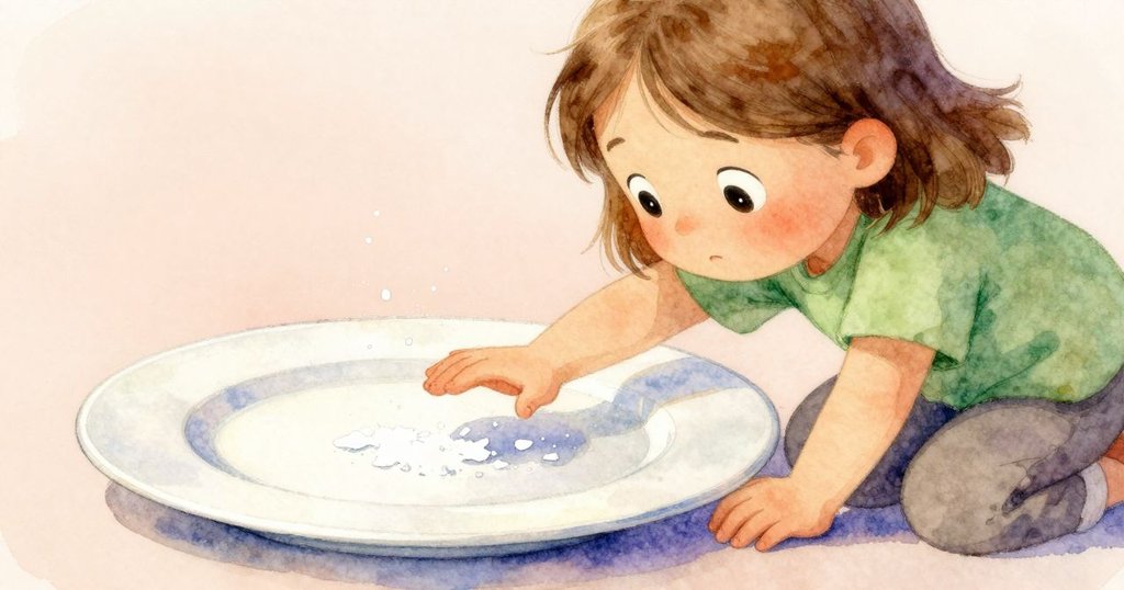 Viola伸手阻止滑動碎片，盤邊細節清晰，水滴映襯柔光，畫面充滿溫柔而細膩的互動