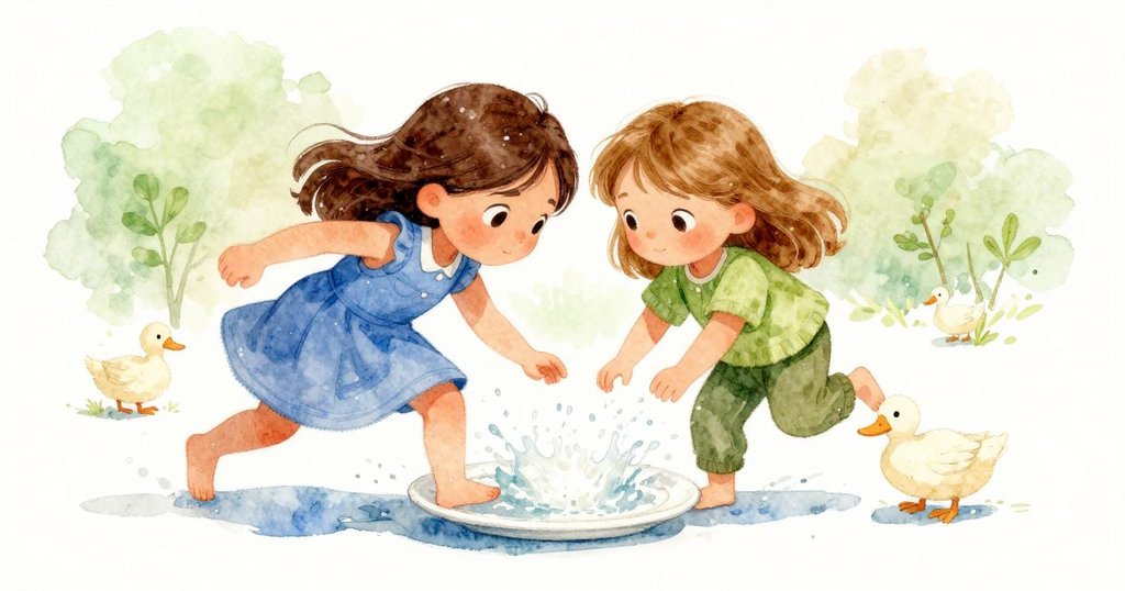 畫面動感十足，碎片在盤上快速滑動，遠處鴨子嬉戲掀起水花，整體充滿生機與活力