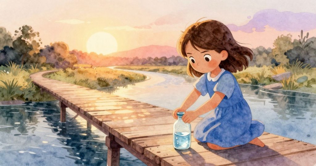 黃昏時分，Zara將碎片引入裝滿水的瓶中，遠處板凳與溪流在夕陽下漸小，畫面溫暖而寧靜