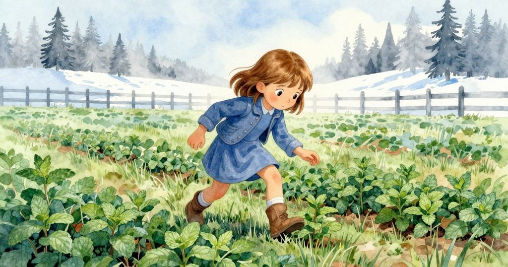 Fleur在薄暮中踏入薄荷花園,草地上長籬笆影疊映,神情好奇,展現冒險起始的氛圍。