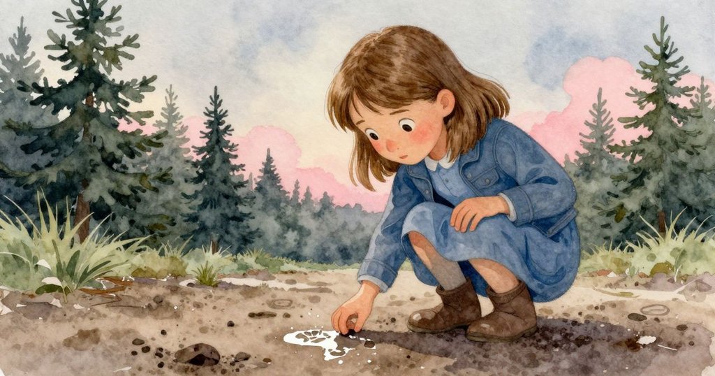 Fleur仔細觀察濕潤泥土中閃光的鞋印,近鏡頭捕捉鞋印細節,背景呈現柔和傍晚光線。