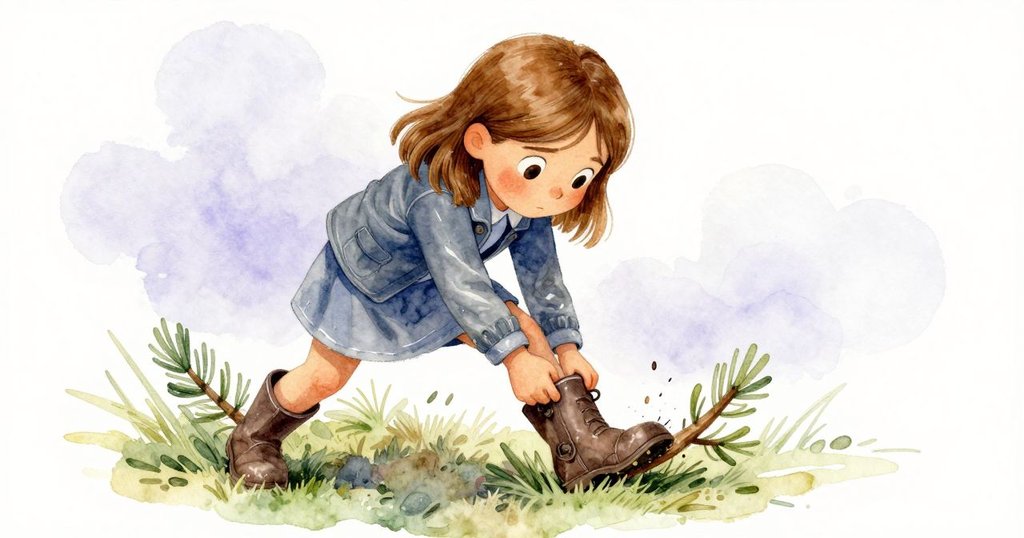 Fleur努力拔出被泥巴緊抓的靴子,一邊扶著低枝穩定身形,臉上流露堅定與掙扎,展現情節高潮。