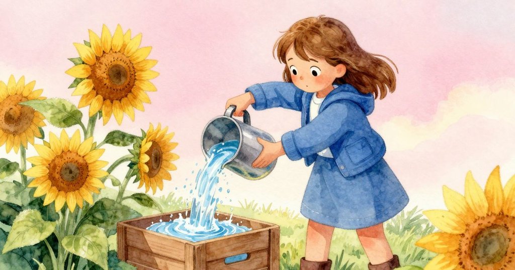 Fleur在木箱旁傾注水流,靠近有凹陷灑水壺和半隱向日葵,展現創意解決困境的情節。