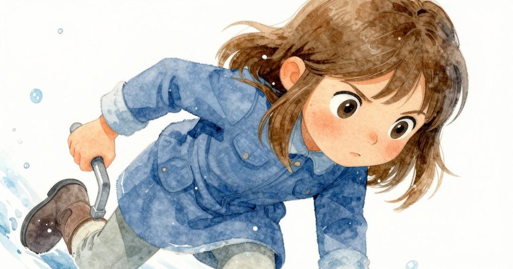 Fleur面容堅定,專注拉扯木箱,水滴閃耀在泥濘中,近鏡頭呈現出她最後全力的努力。