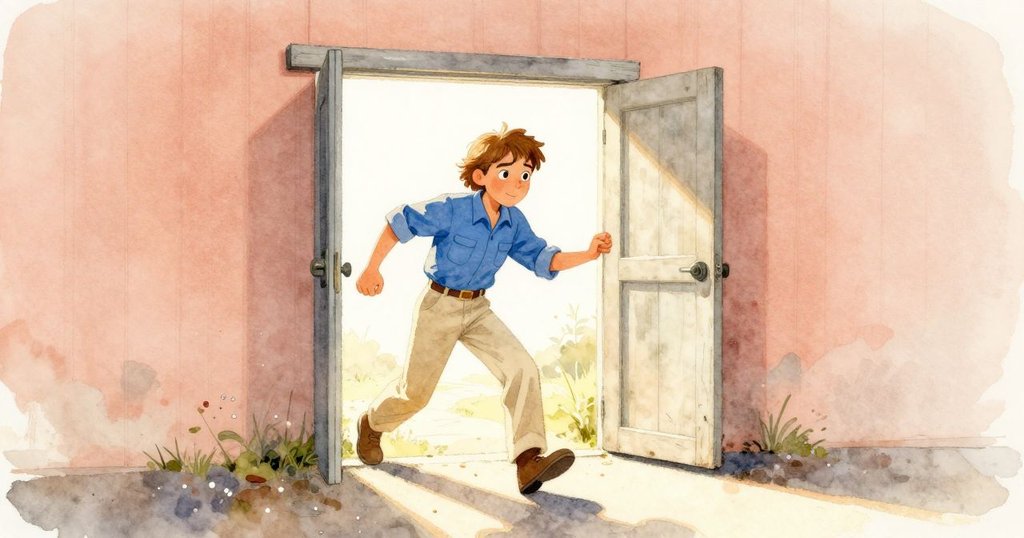 Pearl手持金屬盆跨出小屋門口,光線明亮,她臉上帶著堅定表情,背景呈現溫暖建築內部與柔和色調